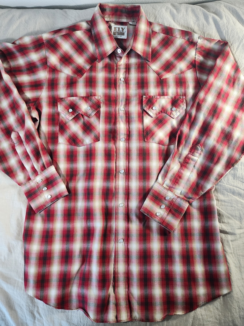 Vintage Ely Cattleman Red and White Plaid Western Snap Shirt